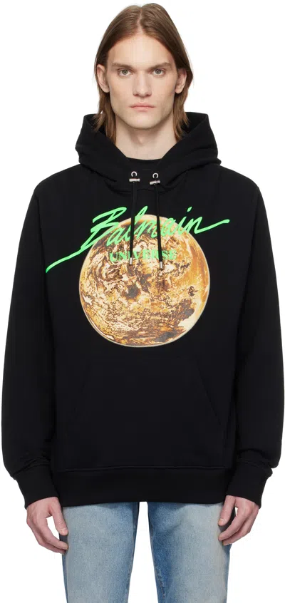 BALMAIN BLACK PRINTED 'BALMAIN UNIVERSE' LOGO & PLANET HOODIE