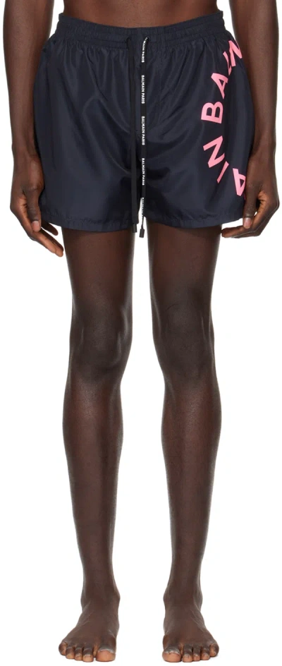 Balmain Black Printed Swim Shorts In 003 Black/fluo Pink