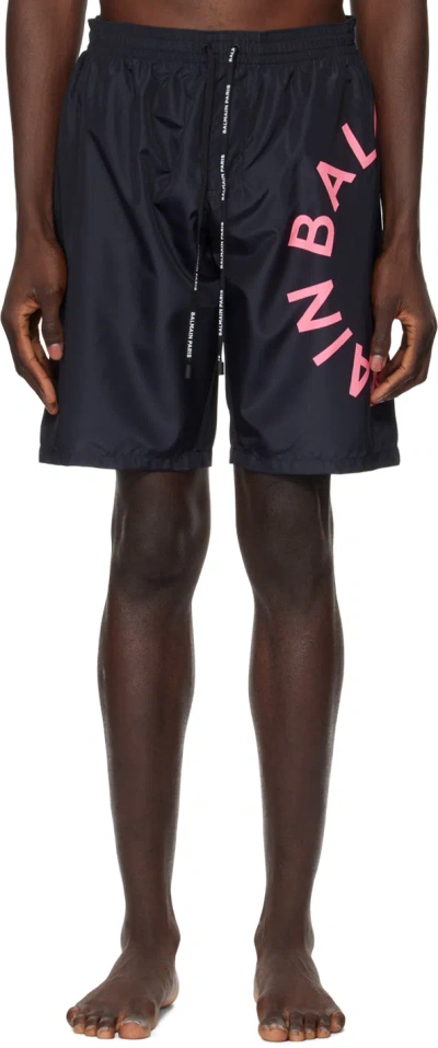 Balmain Black Printed Swim Shorts In 003 Black/fluo Pink