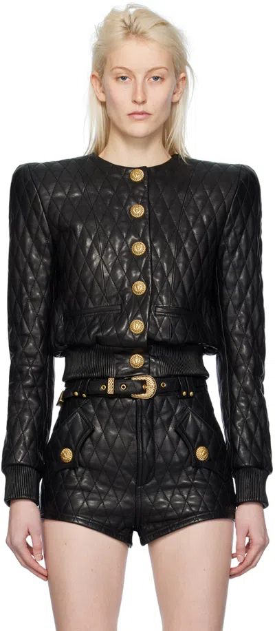 Balmain Black Quilted Leather Jacket In 0pa Noir