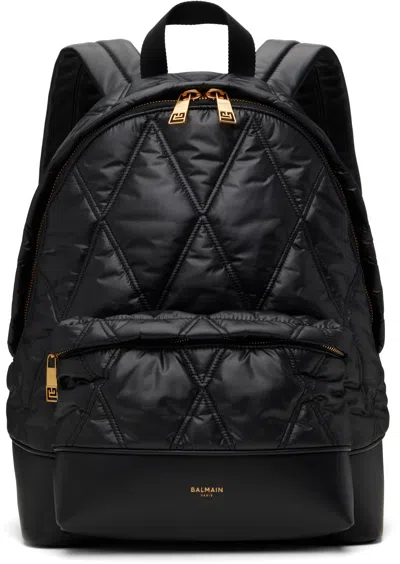 Balmain Black Quilted Nylon Diamond Motif Backpack In Eaf Noir/kaki