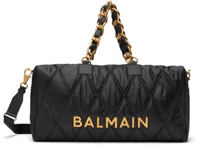 Balmain Black Quilted Nylon Diamond Travel Duffle Bag In Eaf Noir/kaki
