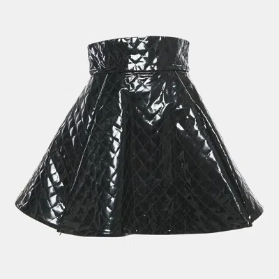 Pre-owned Balmain Black Quilted Patent Leather Flared Mini Skirt S