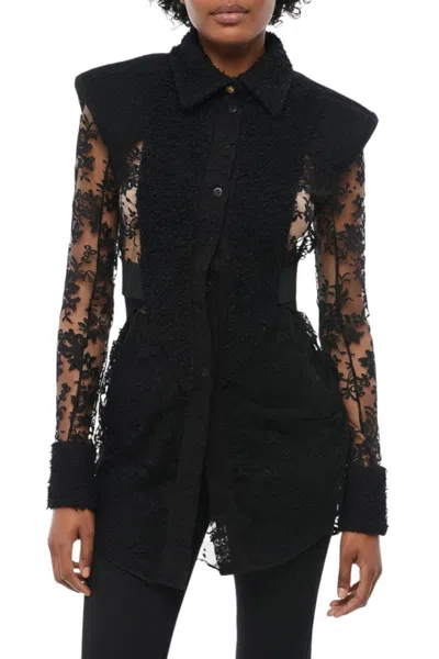 Balmain Tweed And Lace Plastron Shirt In Black