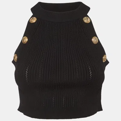 Pre-owned Balmain Black Ribbed Knit Halter Neck Cropped Tank Top S