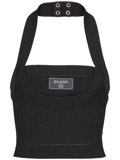 BALMAIN BALMAIN BLACK RIBBED TEXTURE HALTER TOP