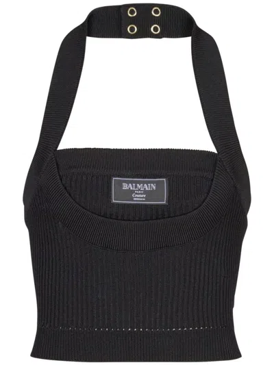 BALMAIN BLACK RIBBED TOP WITH LOGO TAG