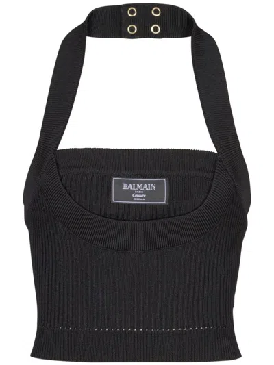 Balmain Black Ribbed Top With Logo Tag