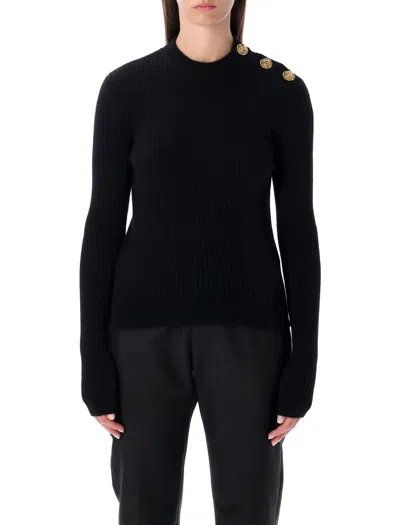 BALMAIN BALMAIN BLACK RIBBED WOOL SWEATER WITH GOLD BUTTONS