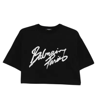 BALMAIN BLACK ROUND NECK LOGO DETAIL CROP T-SHIRT