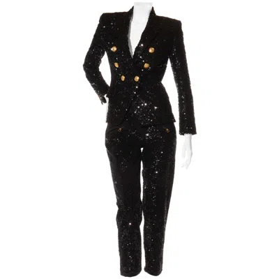 Pre-owned Balmain Black Sequin Double-breasted Blazer & Matching Trousers – Fr 38