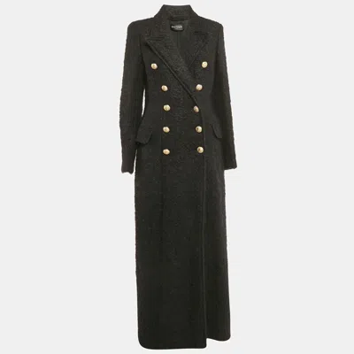 Pre-owned Balmain Black Shearling Double Breasted Long Coat L