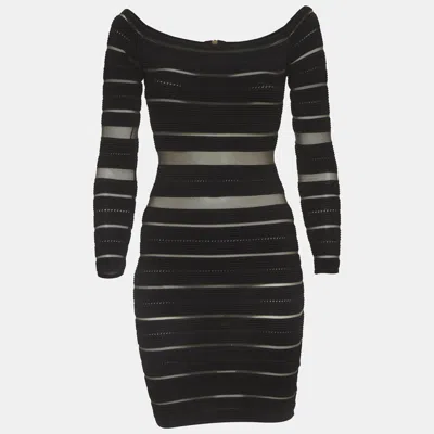 Pre-owned Balmain Black Sheer Striped Off-shoulder Mini Dress S
