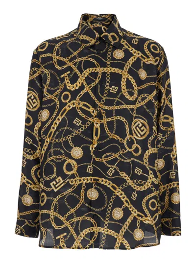 BALMAIN BALMAIN MEN BLACK SHIRT WITH POINTED COLLAR AND CHAIN PRINT WITH LOGO IN SILK MAN