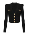 Balmain Black Ribbed Cardigan With Shoulder Pads And Logoed Metal Buttons In Black