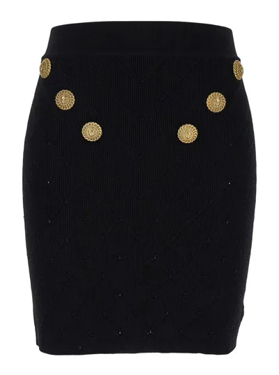 BALMAIN BLACK SHORT SKIRT WITH JEWEL BUTTONS IN VISCOSE BLEND WOMAN