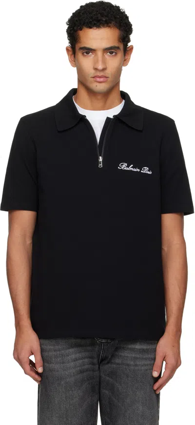 BALMAIN BLACK SHORT-SLEEVED EMBROIDERY POLO