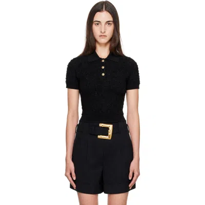 Balmain Black Short Sleeves Buttoned Tweed Knit Polo In 0pa Noir