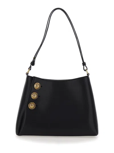 Balmain Black Shoulder Bag With Emblème Motif In Grained Leather Woman