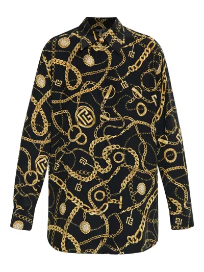 Balmain Shirt Chain Print Gold Buttons In Black