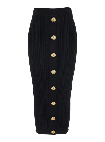 Balmain Black Skirt With Logo Buttons And Zip Closure In Viscose Blend Woman
