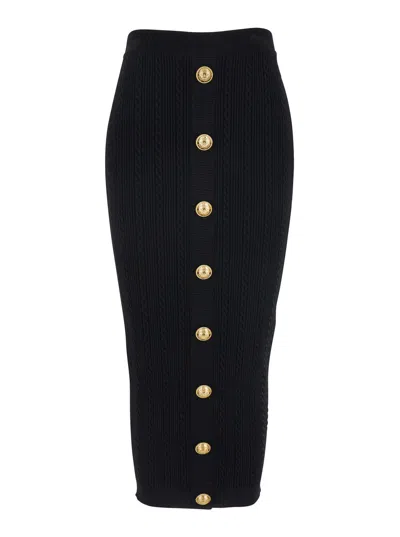 BALMAIN BALMAIN WOMEN BLACK SKIRT WITH LOGO BUTTONS AND ZIP CLOSURE IN VISCOSE BLEND WOMAN