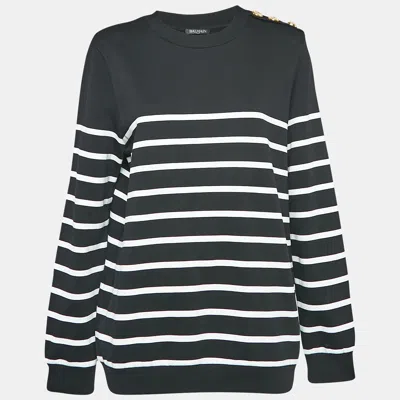 Pre-owned Balmain Black Striped Cotton Knit Crew Neck Sweatshirt L