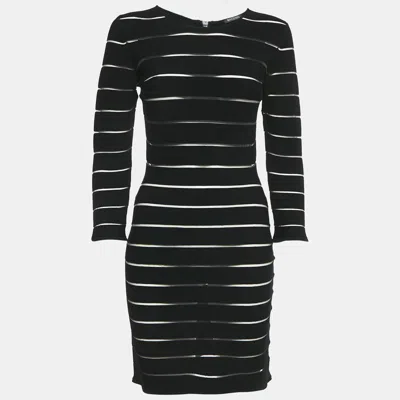 Pre-owned Balmain Black Striped Jersey Long Sleeve Mini Bodycon Dress L