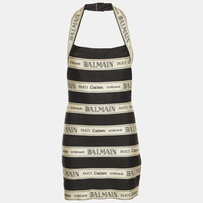 Pre-owned Balmain Black Striped Logo Jacquard Halterneck Mini Dress M