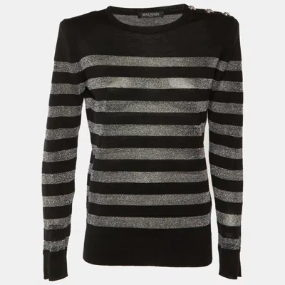 Pre-owned Balmain Black Striped Lurex Wool Button Detail Jumper M