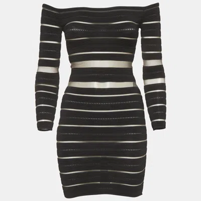 Pre-owned Balmain Black Striped Sheer Tulle And Knit Off-shoulder Mini Dress S