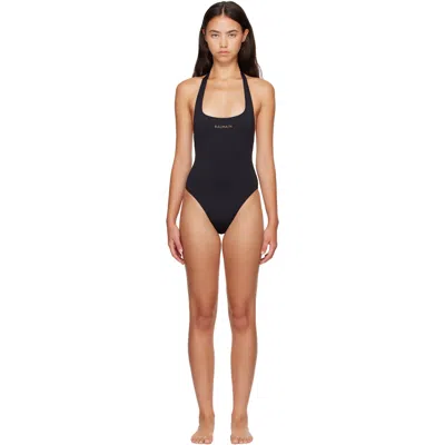 Balmain Black Studded Logo Halter Swimsuit