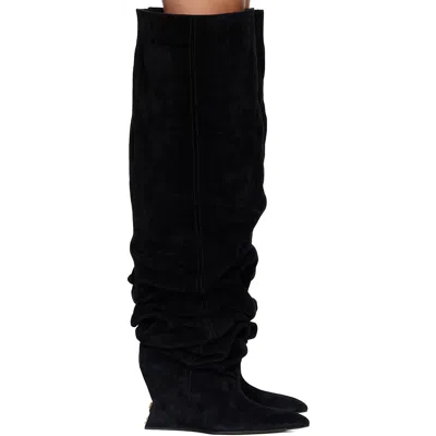 Balmain Black Suede Leather Wedge Thigh-high Boots