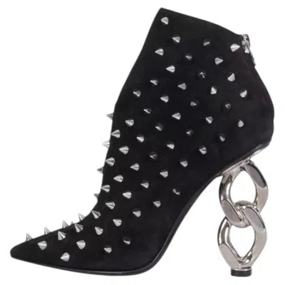 Pre-owned Balmain Black Suede Studded Ankle Boots Eu 38 With Sculpted Heel