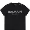 BALMAIN BLACK T-SHIRT FOR BABY GIRL WITH LOGO AND RHINESTONE