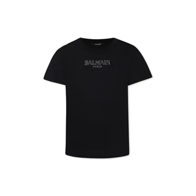 BALMAIN BLACK T-SHIRT FOR GIRL WITH A SILVER RHINESTONE LOGO