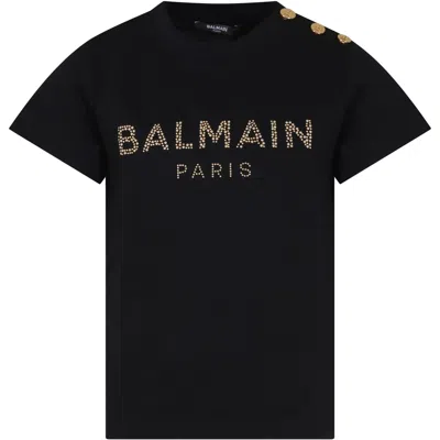 Balmain Kids' Black T-shirt For Girl With Logo And Studs