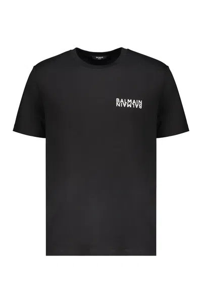 Balmain Black T-shirt With Logo In Blue