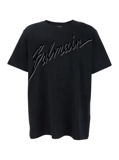 Balmain Black T-shirt With Logo Lettering On The Front In Cotton Man