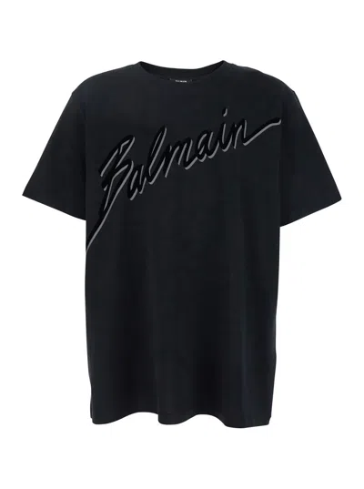 Balmain Black T-shirt With Logo Lettering On The Front In Cotton Man