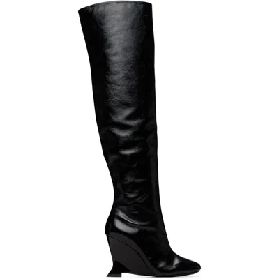 Balmain Black Thigh-high Crinkled Patent Leather Wedge Boots