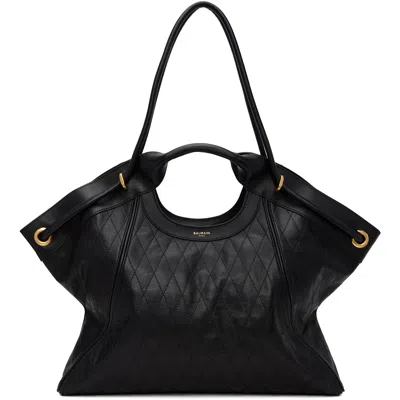 Balmain Black Topstitched Leather Large Tote In 0pa Noir