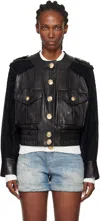 Balmain Black Tweed & Leather Bomber Jacket In Black