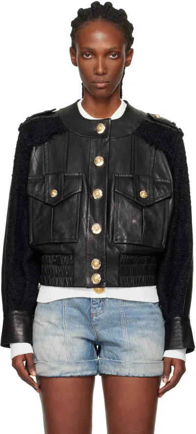 Balmain Black Tweed & Leather Bomber Jacket