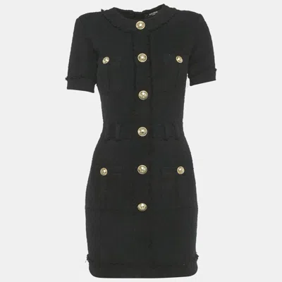 Pre-owned Balmain Black Tweed Button Detail Mini Dress S