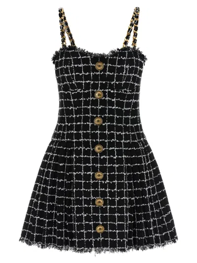 Balmain Buttoned Check Tweed Chain-strap Mini Dress In Black