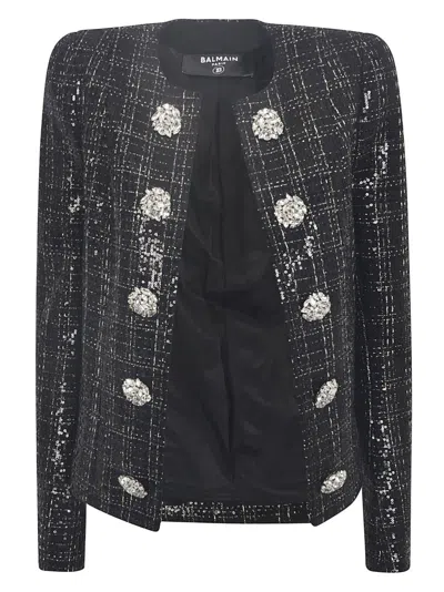 BALMAIN BLACK TWEED SEQUIN BLAZER