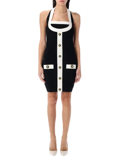 BALMAIN BLACK TWO-TONE HALTERNECK DRESS