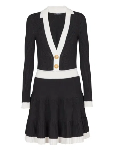 BALMAIN BLACK V-NECK PLEATED KNIT DRESS