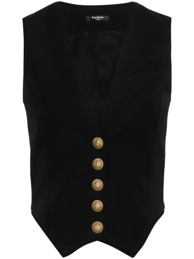 BALMAIN BLACK V-NECK VEST WITH ICONIC LION BUTTONS IN GOLD-TONE METAL